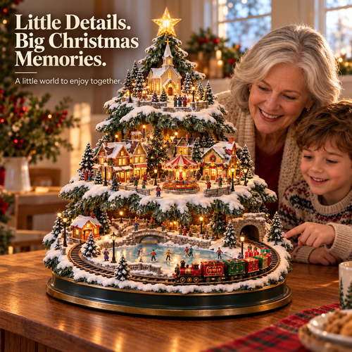 ⭐ Last day to save 49% –🎄OFF Lighted Christmas Village Tree with Train & Carousel
