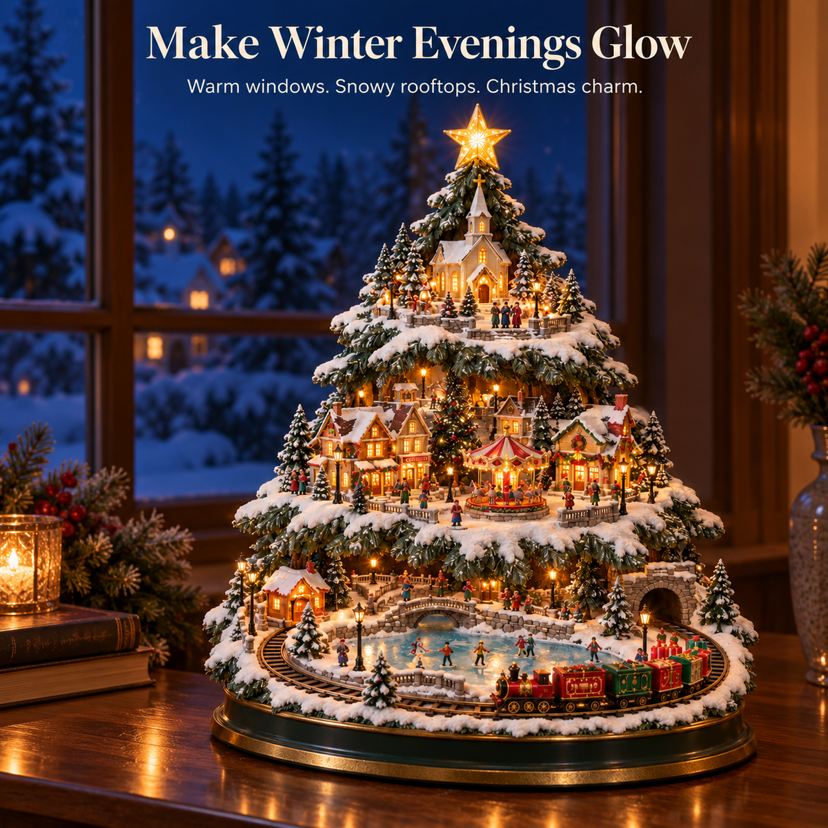 🏂Lighted Christmas Village Tree – With Train& Carousel