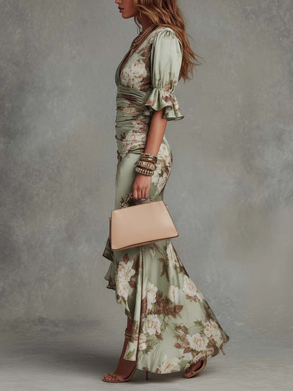 Green Floral Ruffled Bell Sleeve V-neck Satin Asymmetrical Maxi Dress