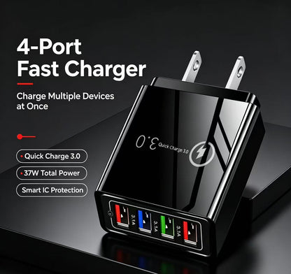 Four-Port Travel Charger for Extended Phone Battery Life