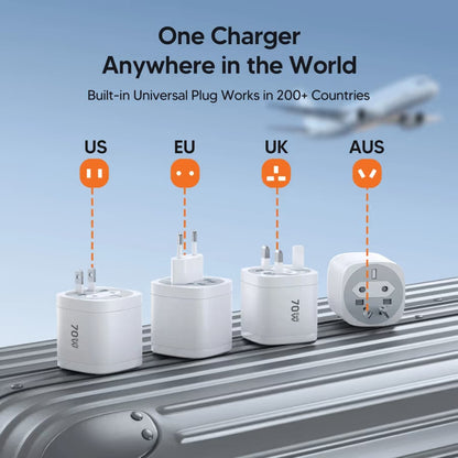 70W GaN Travel Charger – 4-in-1 Rotating US/EU/UK/AU Plug