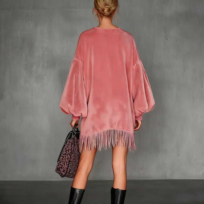 Women's Pink Retro Velvet Stand Collar Fringe Dress