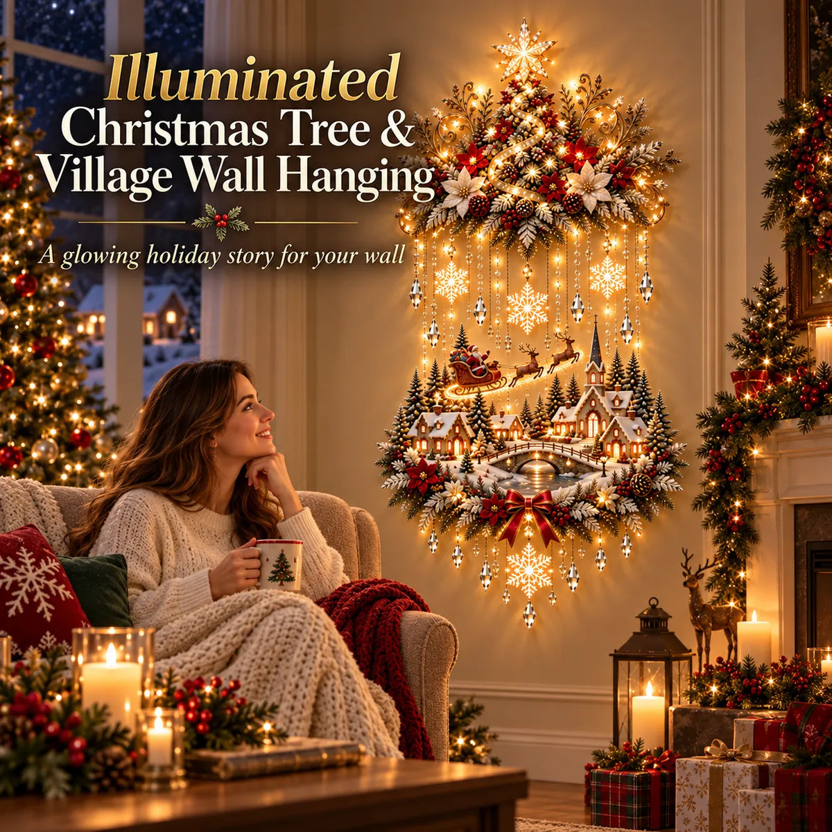 ⭐⭐ Illuminated Christmas Tree & Village Wall Hanging | Cascading Warm Lights for Living Rooms, Entryways & Staircases ✨