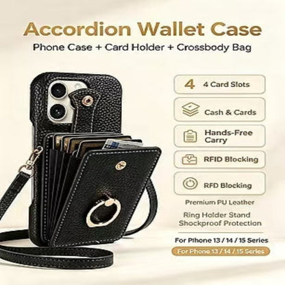 🎁Wallet Case with Ring,High Stylish Luxury Leather Accordion Card Holder,Anti-Drop Lanyard,Multi-Functional Ring Stand,Protective Leather Case