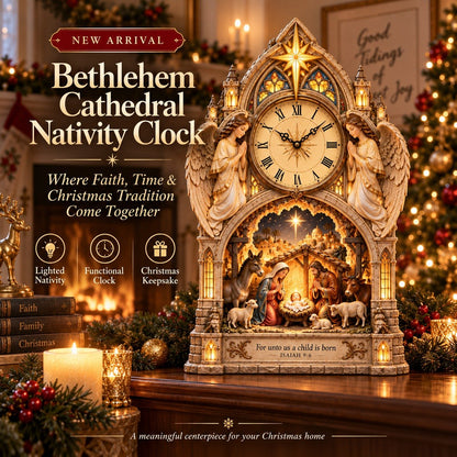🕰️Cathedral-style Bethlehem Nativity clock – the Christmas story bathed in warm light.