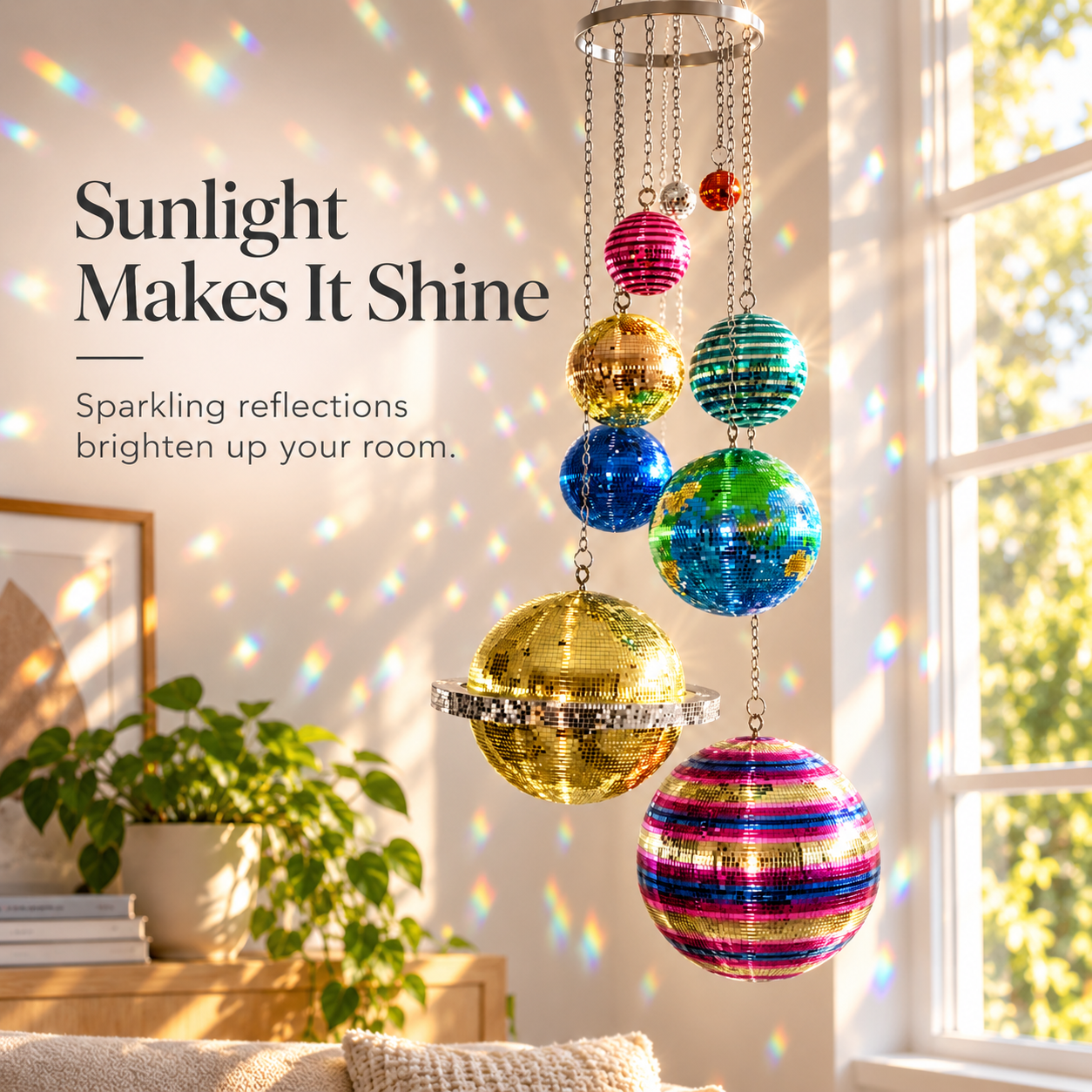 🪐 Solar System Disco Ball Hanging Mobile – Colorful Reflective Celestial Room Decor