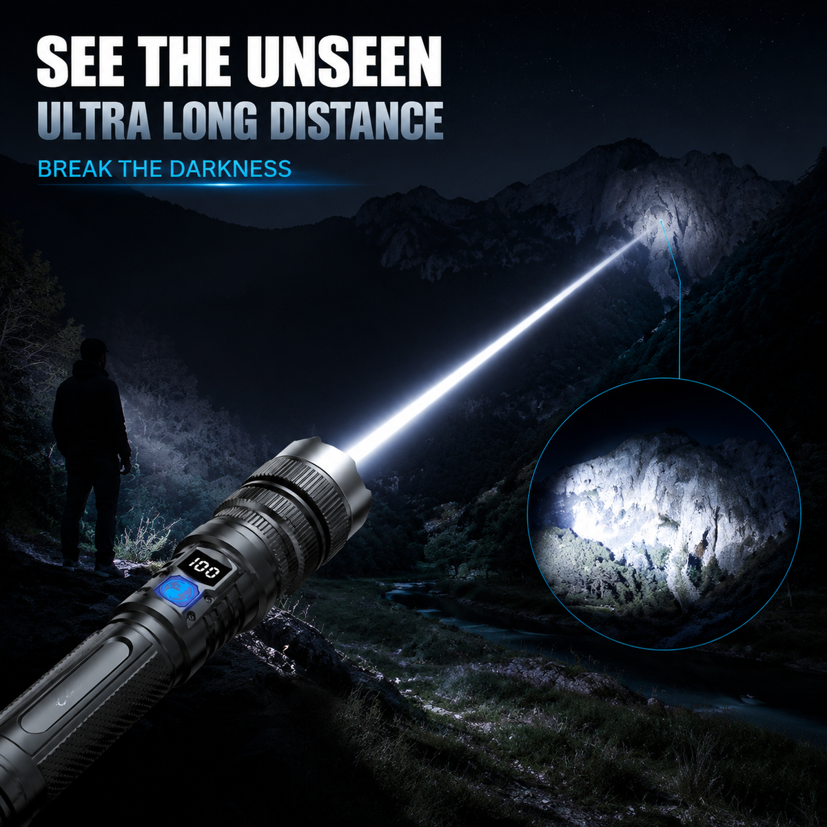 🔥50% Off! 💎 High-power flashlight: features an aluminum alloy heat-dissipating head and a telescopic zoom design for powerful, concentrated light; also functions as a power bank and includes a digital battery level display.