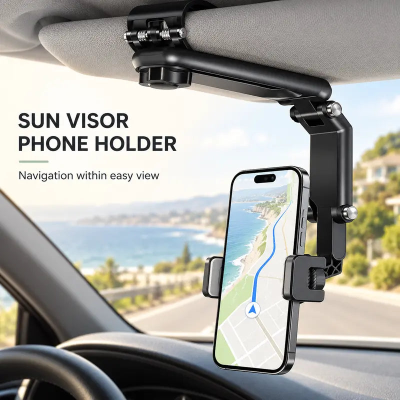 🎁Foldable Car Phone Holder for Sun Visor, Adjustable Arm with 360° Phone Rotation, Spring Clip Mount for 4–6.5 Inch Smartphones, Black,toolupgrade
