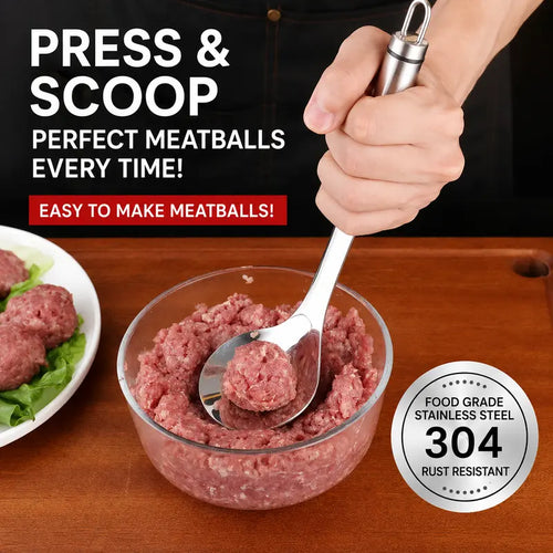 🥄Stainless Steel Meatball Maker Spoon, Non-Stick Meat Ball Extrusion Scoop, Easy Squeeze Meatball Mold for Fish Balls, Shrimp Paste