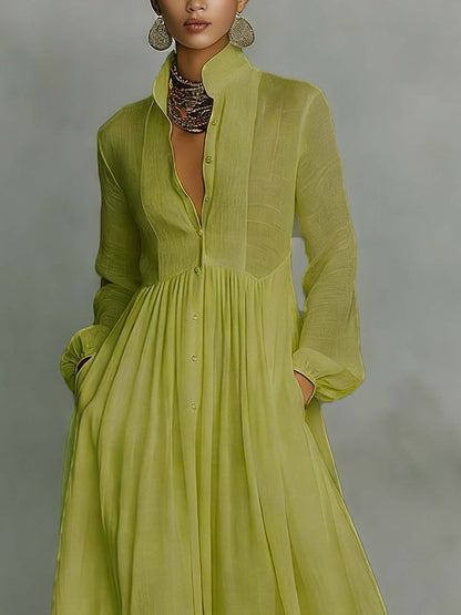 Casual Cotton Linen Maxi Dress High Waist Stand Collar Daily