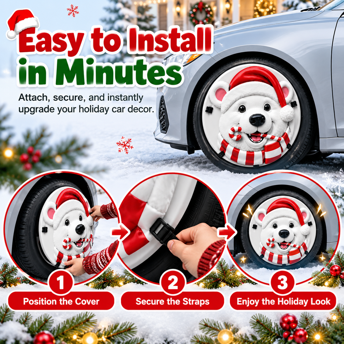 🎄✨16-inch Christmas 3D Wheel Covers – Festive Polar Bear & Nutcracker Car Decor