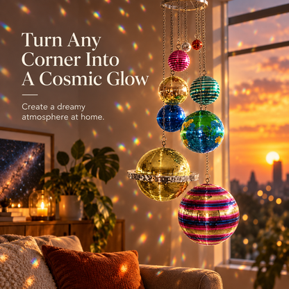 🪐 Solar System Disco Ball Hanging Mobile – Colorful Reflective Celestial Room Decor