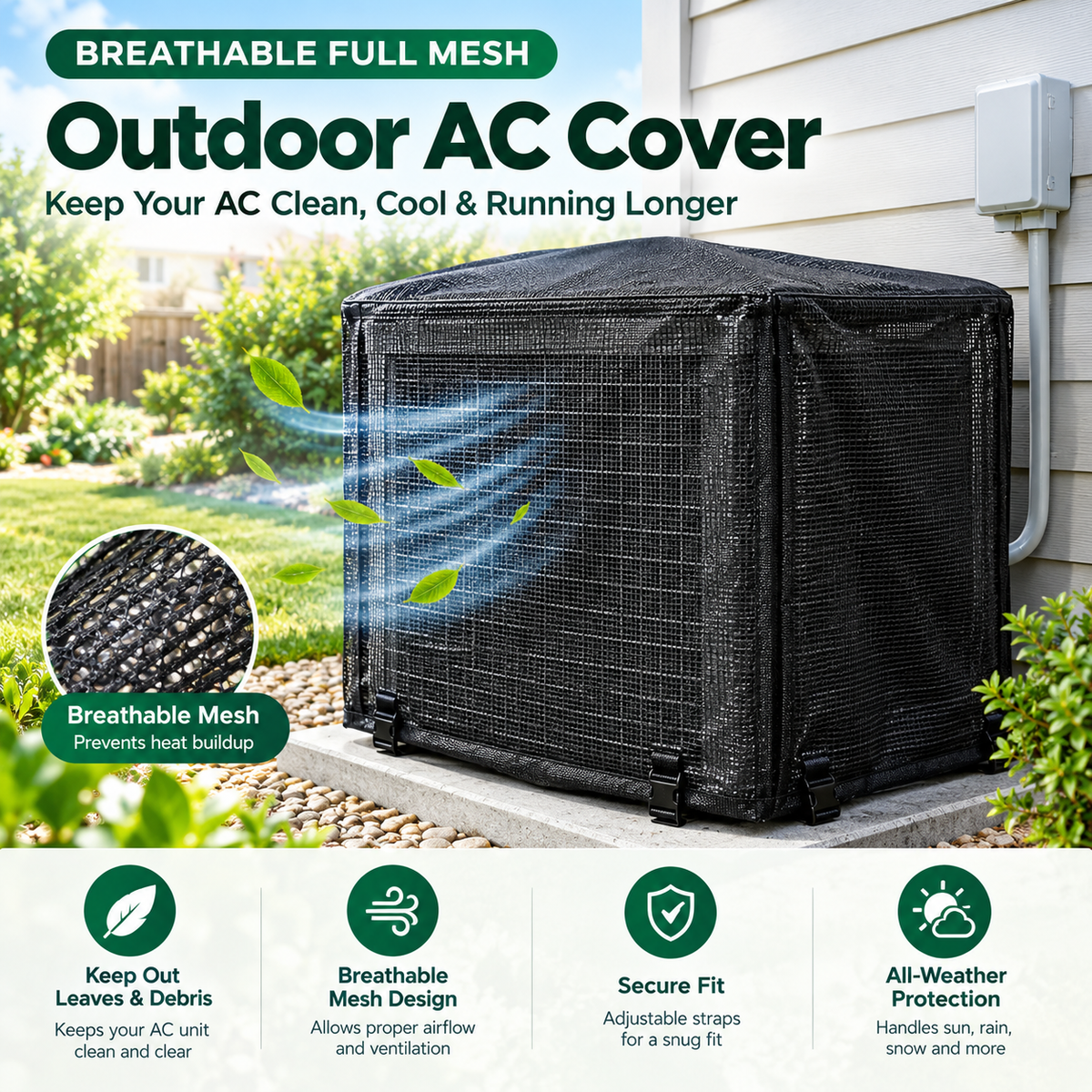 🍃Heavy-Duty Mesh AC Cover – All-Season Outdoor Protection