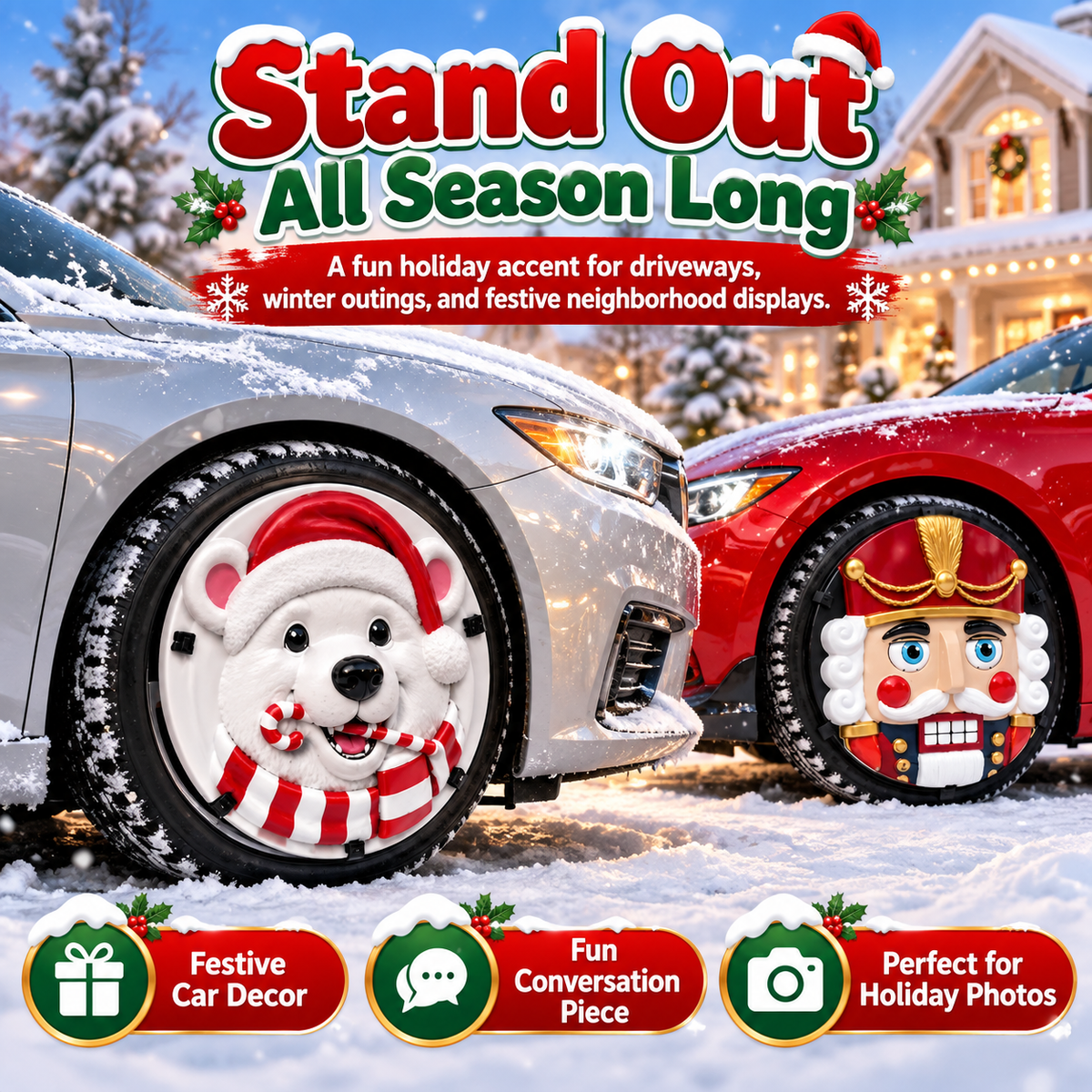 🎄✨16-inch Christmas 3D Wheel Covers – Festive Polar Bear & Nutcracker Car Decor