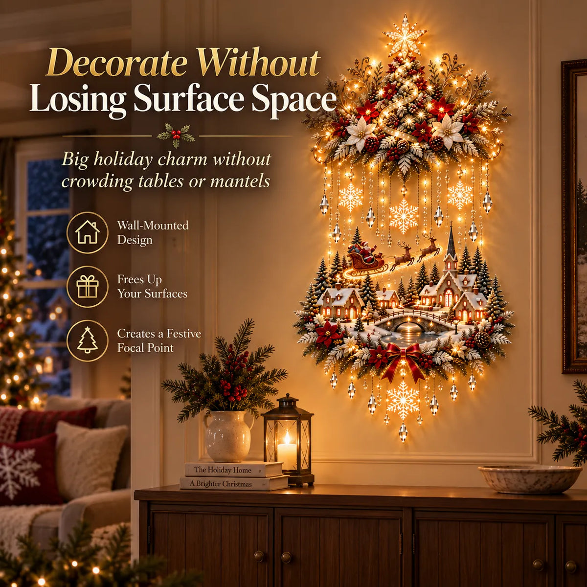 ⭐⭐ Illuminated Christmas Tree & Village Wall Hanging | Cascading Warm Lights for Living Rooms, Entryways & Staircases ✨