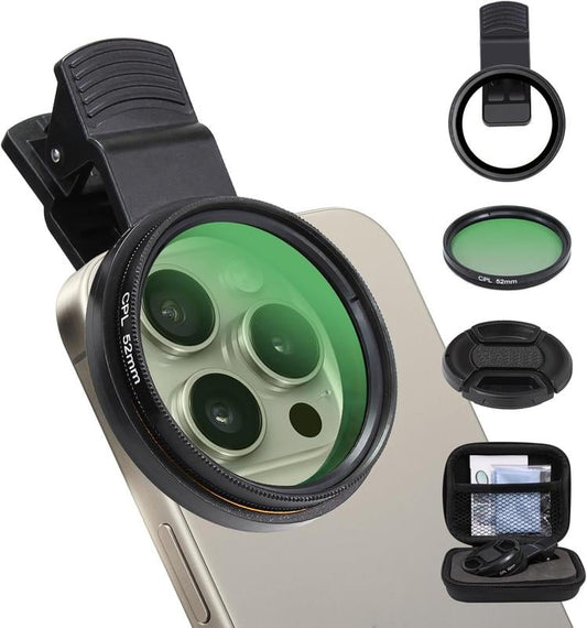 52mm Clip-0n CPL Phone CameraLens Filter Kit, Circular PolarizerPolarizing Filter Compatible with Mostcell phones