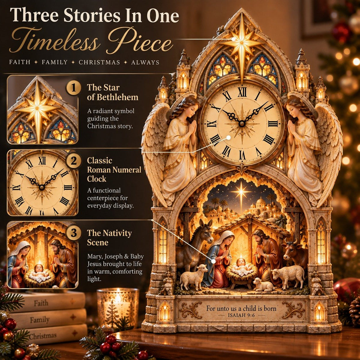 🕰️Cathedral-style Bethlehem Nativity clock – the Christmas story bathed in warm light.