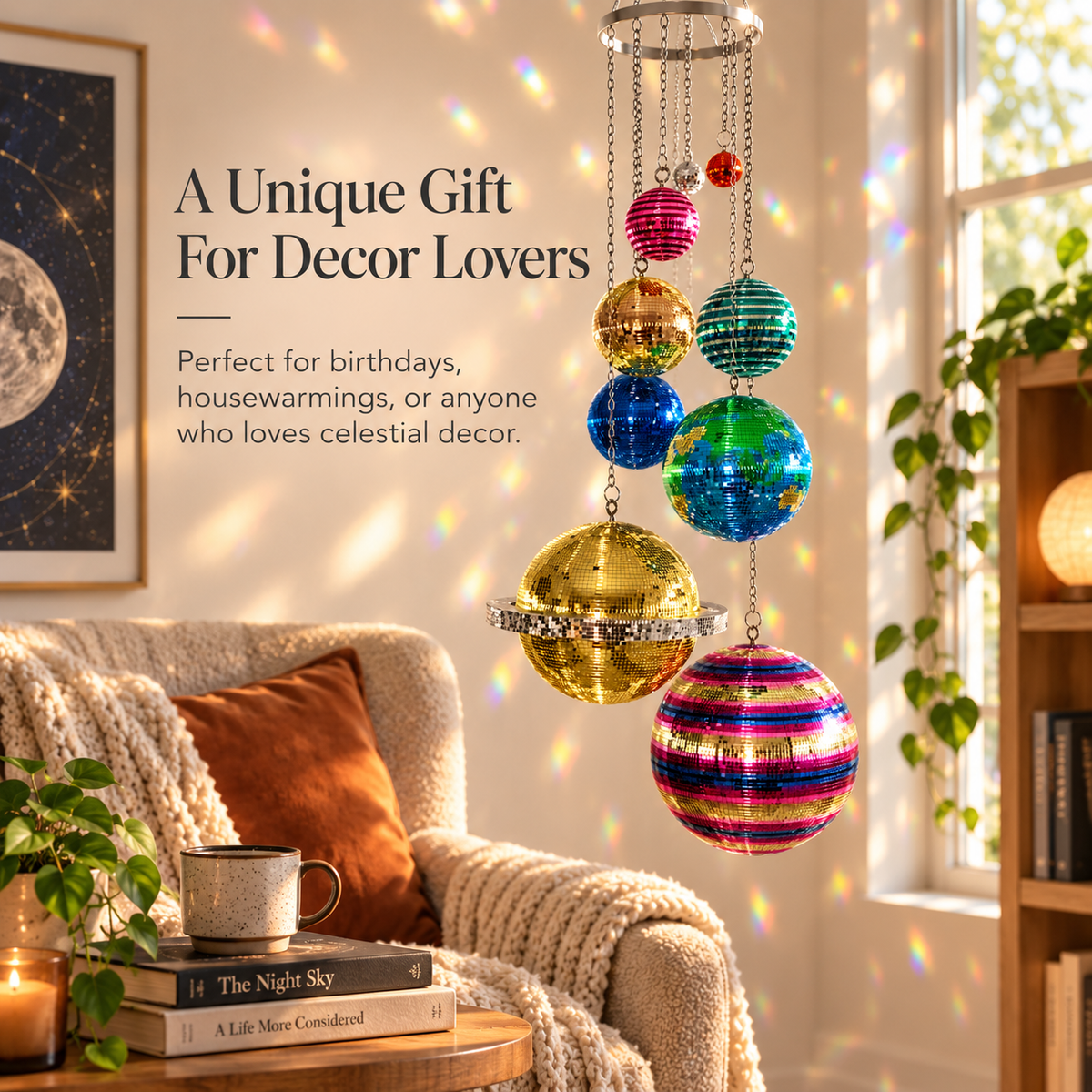 🪐 Solar System Disco Ball Hanging Mobile – Colorful Reflective Celestial Room Decor
