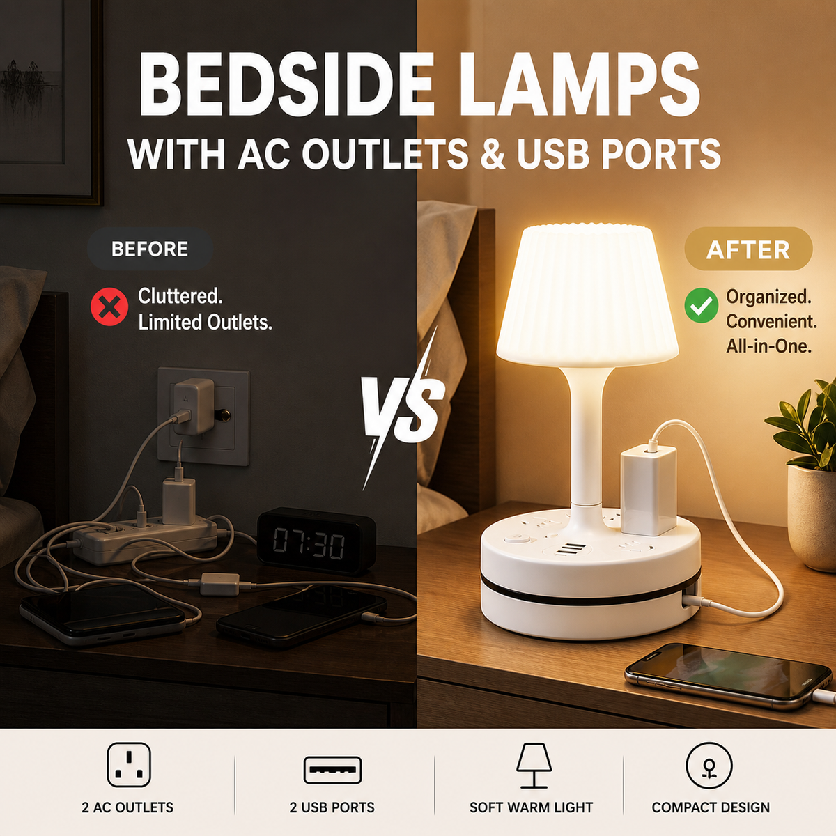 💡🔌 Bedside Lamp with Charging Station – 3-in-1 Nightstand Light, Power & Style ✨