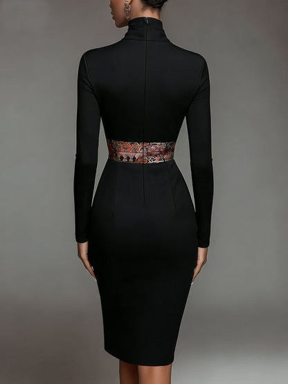 Elegant Stand Collar Jersey Midi Dress Long Sleeve