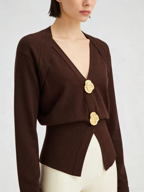 Metal Detail V-Neck Wool Blend Sweater