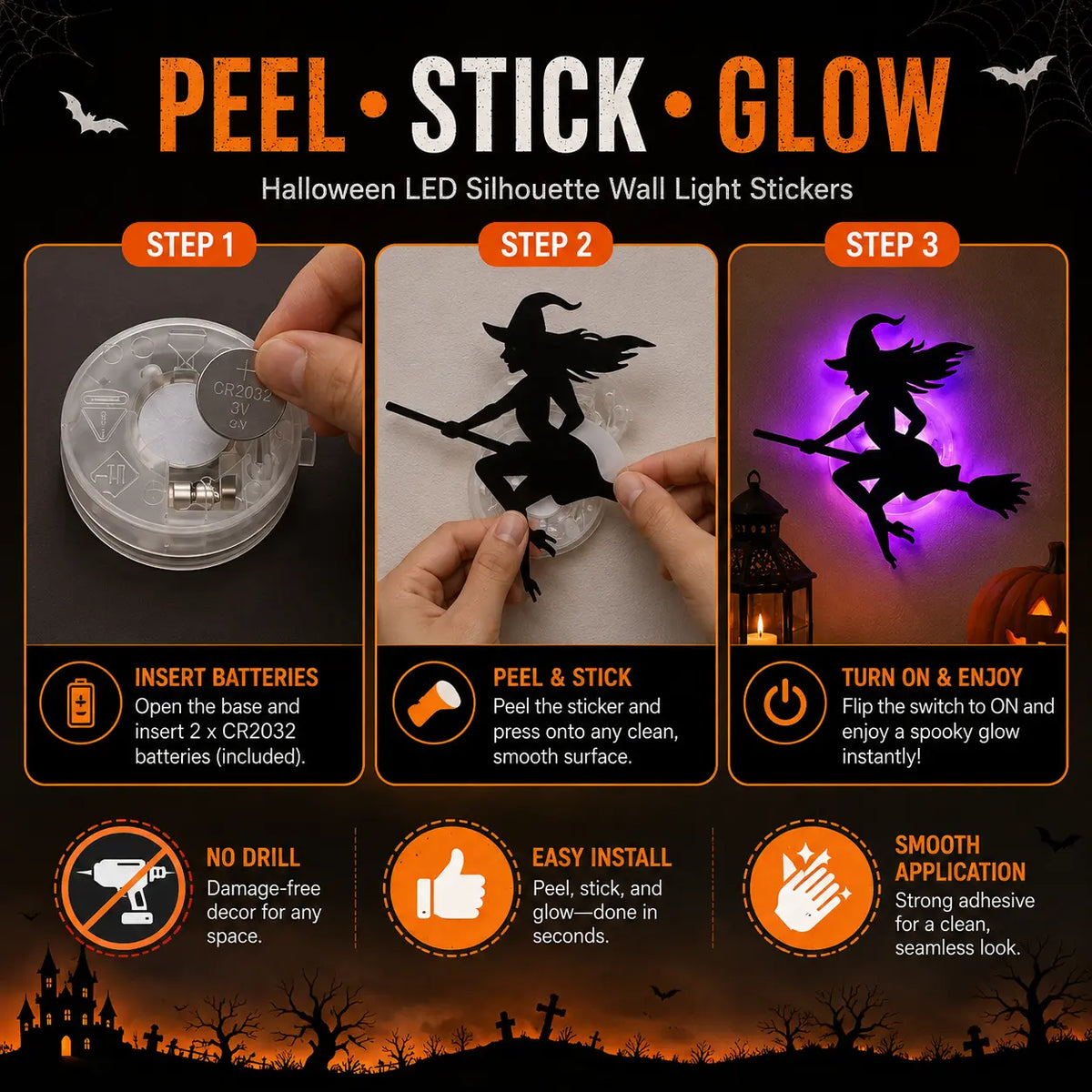 🎃Halloween LED Wall Decor Lights, Peel & Stick Battery Powered Silhouette Stickers