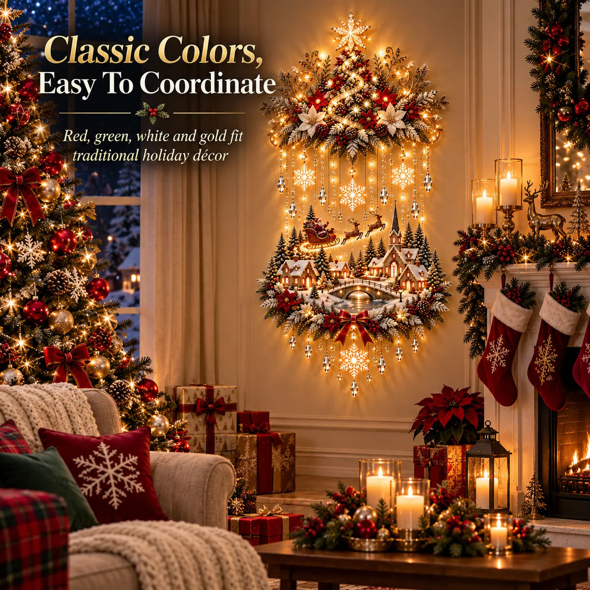 ⭐⭐ Illuminated Christmas Tree & Village Wall Hanging | Cascading Warm Lights for Living Rooms, Entryways & Staircases ✨