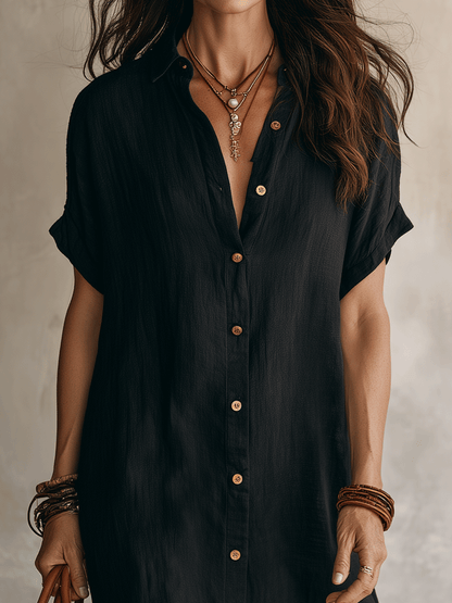 Modern Boho Effortless Black Linen Relaxed Midi Dress