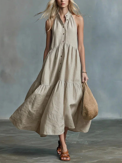 Sleeveless Casual Loose Linen Button Vest Dress