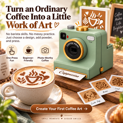 ☕ One-Press Coffee Art Camera – 30-Design Latte Stencil Maker