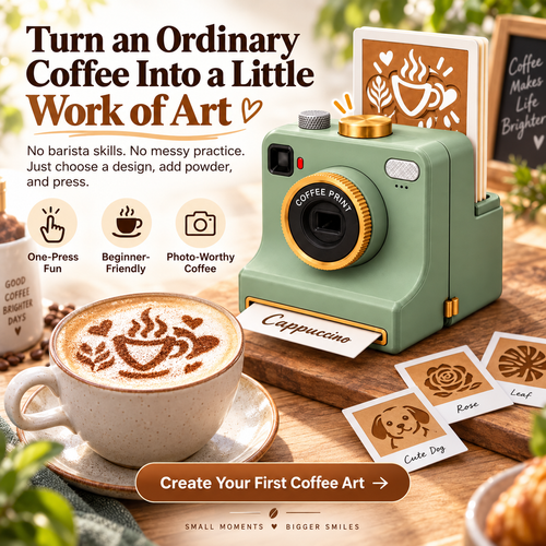 ☕ One-Press Coffee Art Camera – 30-Design Latte Stencil Maker