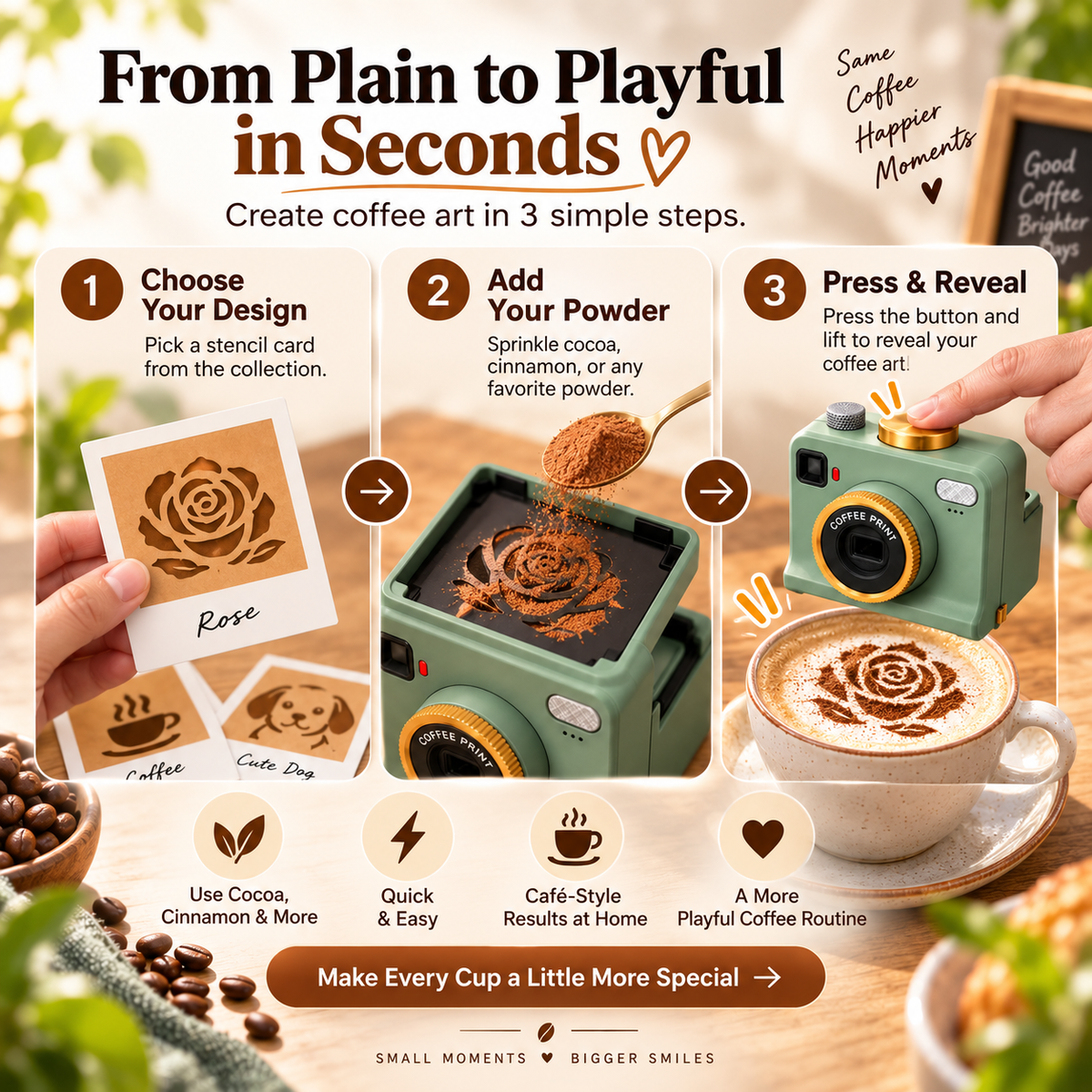 ☕ One-Press Coffee Art Camera – 30-Design Latte Stencil Maker
