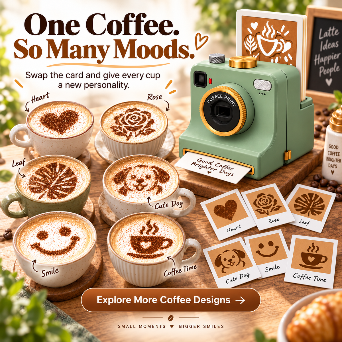 ☕ One-Press Coffee Art Camera – 30-Design Latte Stencil Maker
