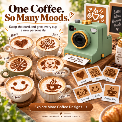 ☕ One-Press Coffee Art Camera – 30-Design Latte Stencil Maker