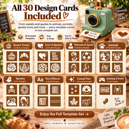 ☕ One-Press Coffee Art Camera – 30-Design Latte Stencil Maker