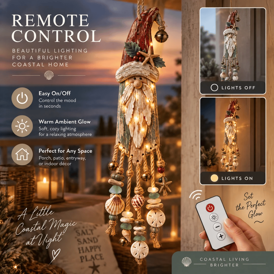 🔔🎄Vintage Coastal Santa Lighted Wall Decor – Beach House Christmas Hanging with Starfish, Shells & Warm Glow🌙