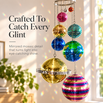 🪐 Solar System Disco Ball Hanging Mobile – Colorful Reflective Celestial Room Decor