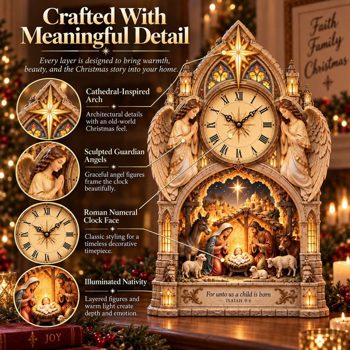 🕰️Cathedral-style Bethlehem Nativity clock – the Christmas story bathed in warm light.