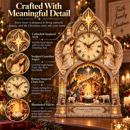 🕰️Cathedral-style Bethlehem Nativity clock – the Christmas story bathed in warm light.