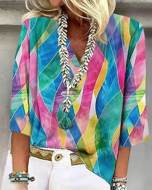 V-Neck Contrast Color Blouse
