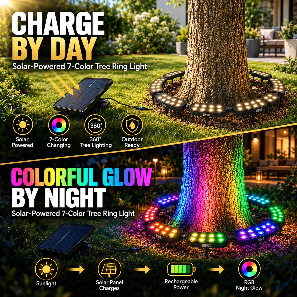 🌈 Solar RGB Tree Ring Light – 7-Color Outdoor Landscape Uplighting