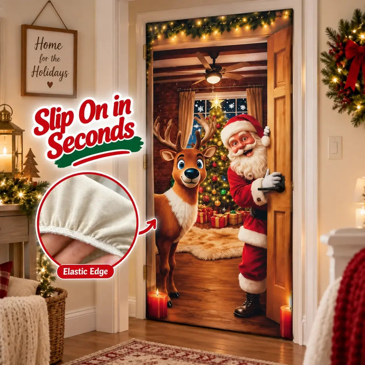 🎅 Santa Christmas Door Cover with Elastic Edges | Reusable Holiday Decor 🎄