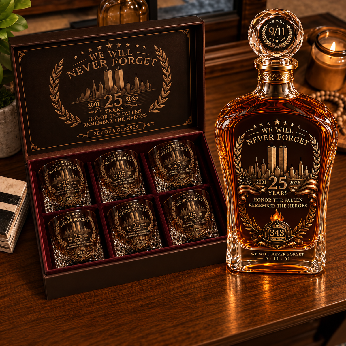 🕯️ 9/11 25th Anniversary Memorial Whiskey Decanter & Glass Gift Set – We Will Never Forget 343 Heroes Tribute