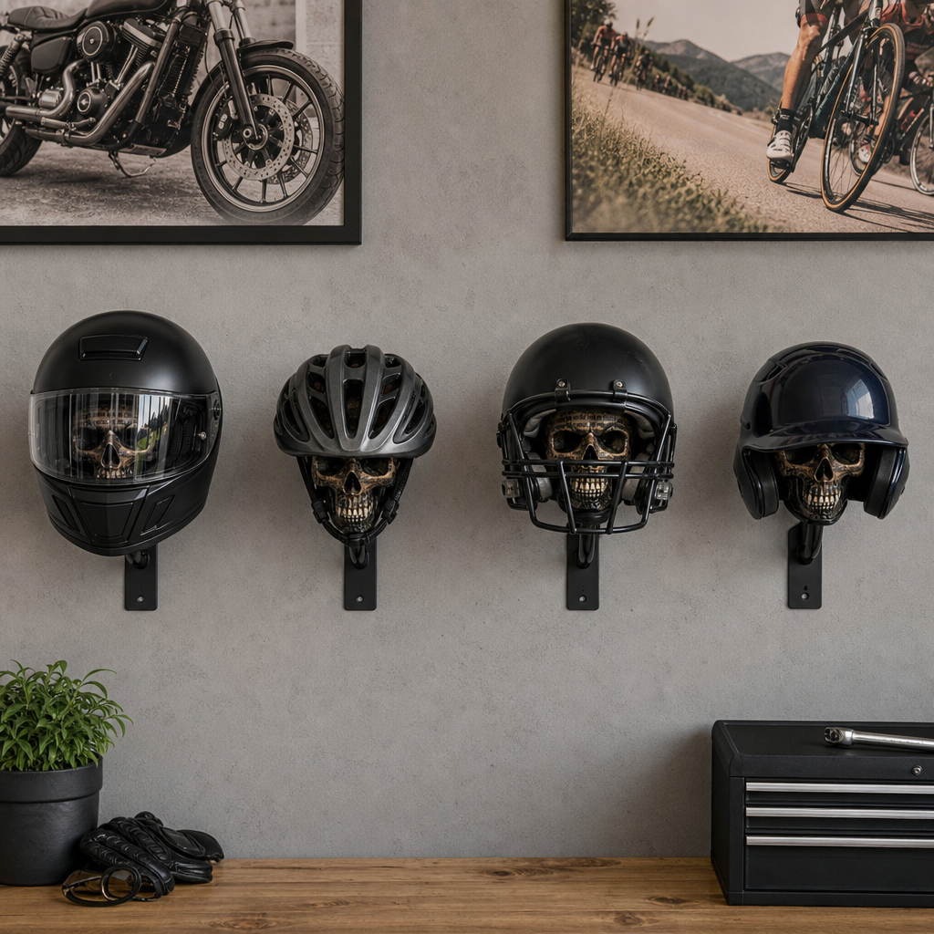 Skull Motorcycle Helmet Holder – Punk Skull Wall Mount Rack for Helmets, Jackets & Garage Decor