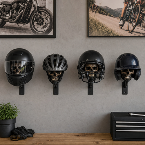 Skull Motorcycle Helmet Holder – Punk Skull Wall Mount Rack for Helmets, Jackets & Garage Decor