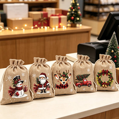 ⚡ Christmas Drawstring Gift Bags – Festive Santa & Reindeer Prints, Double Drawstring Closure & Durable Fabric – Holiday Cheer in Every Gift