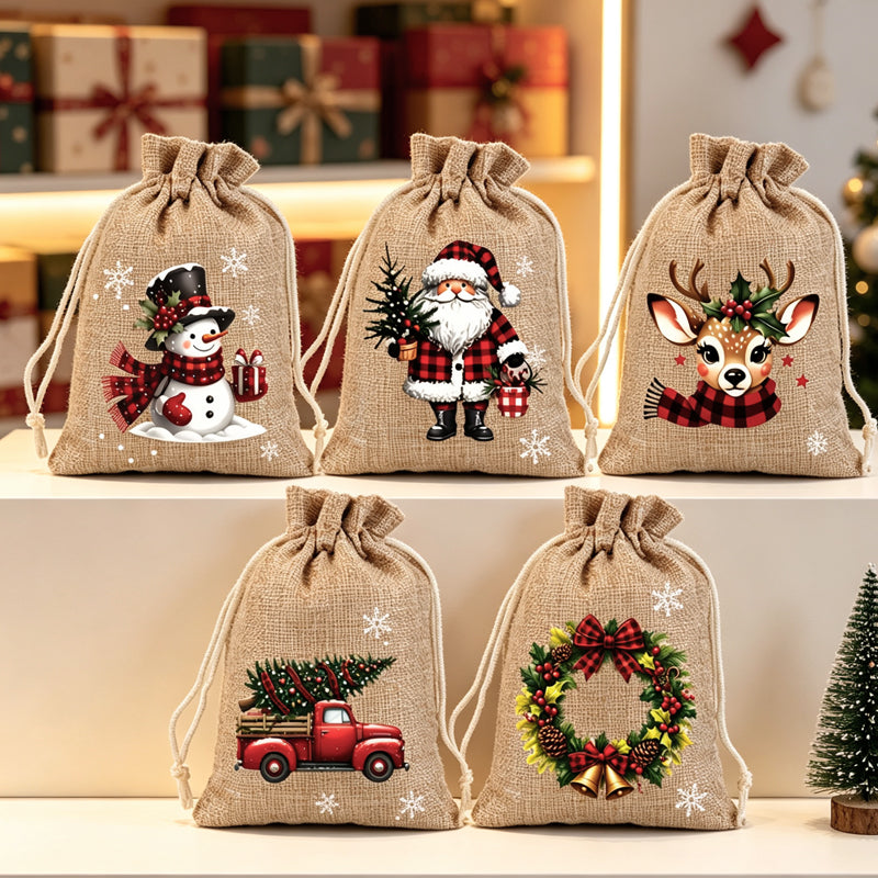 ⚡ Christmas Drawstring Gift Bags – Festive Santa & Reindeer Prints, Double Drawstring Closure & Durable Fabric – Holiday Cheer in Every Gift