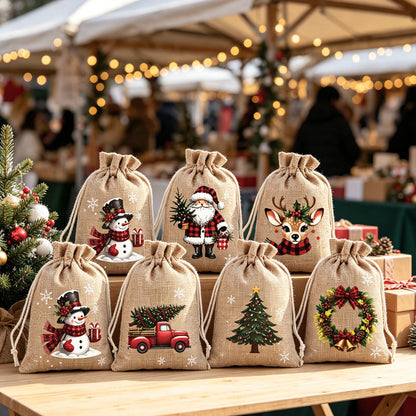 ⚡ Christmas Drawstring Gift Bags – Festive Santa & Reindeer Prints, Double Drawstring Closure & Durable Fabric – Holiday Cheer in Every Gift