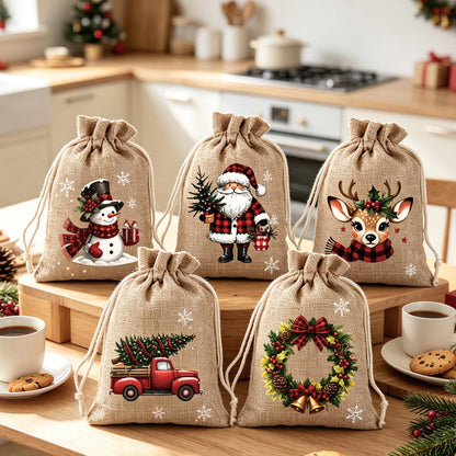 ⚡ Christmas Drawstring Gift Bags – Festive Santa & Reindeer Prints, Double Drawstring Closure & Durable Fabric – Holiday Cheer in Every Gift